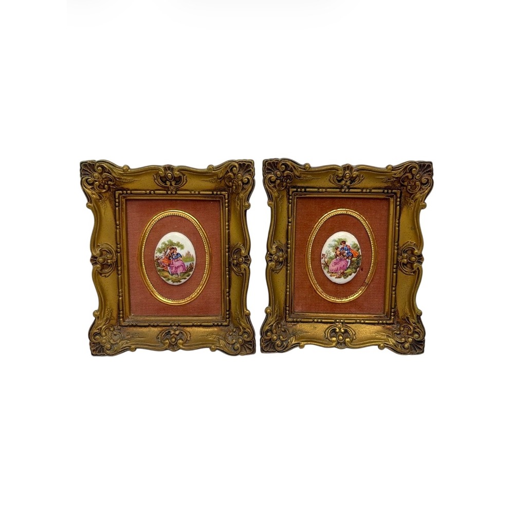 Vintage B&S Creations NY Set of 2 Porcelain Cameo Gold Framed Wall Art Fragonard
